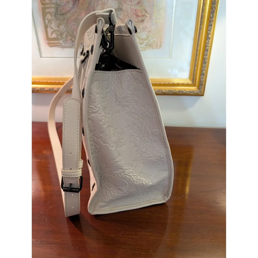 Betsey Johnson Cream Embossed Skull Floral Tote Bag Black Studded Crossbody Tote